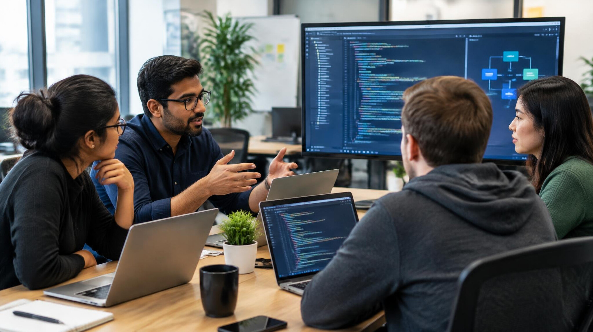 corporate team discussing software