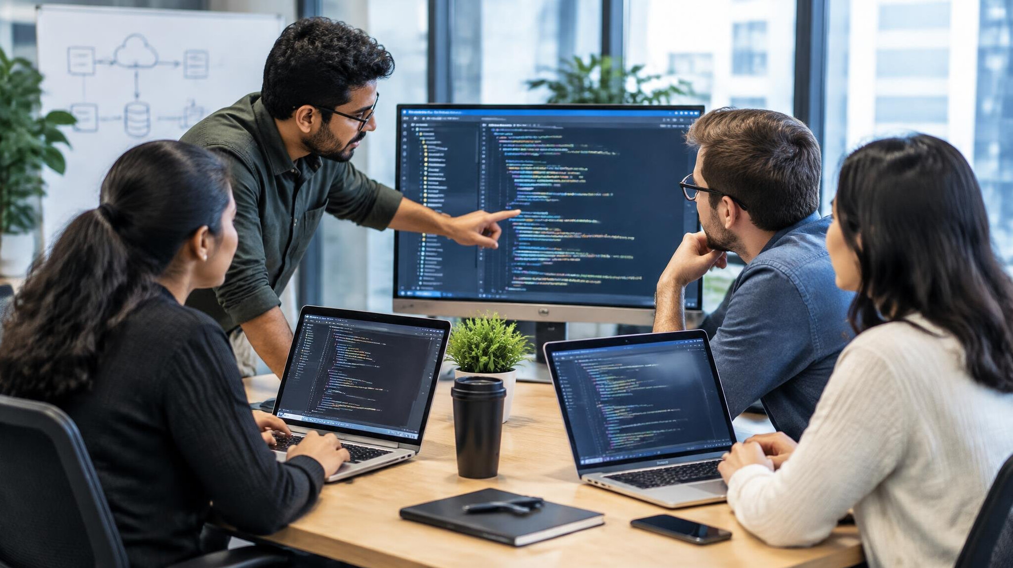 corporate team discussing code