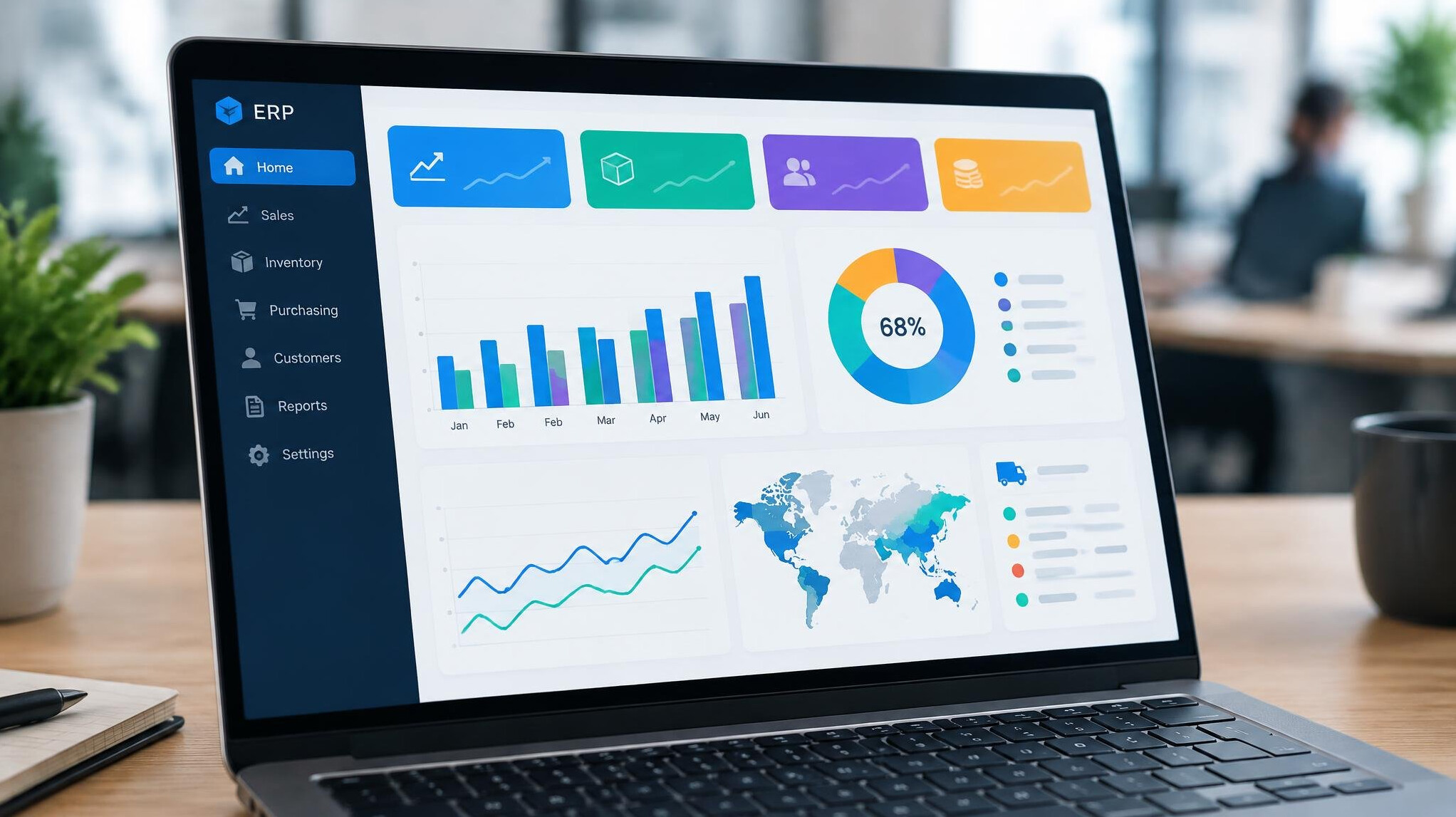 Business dashboard interface displayed on a laptop screen