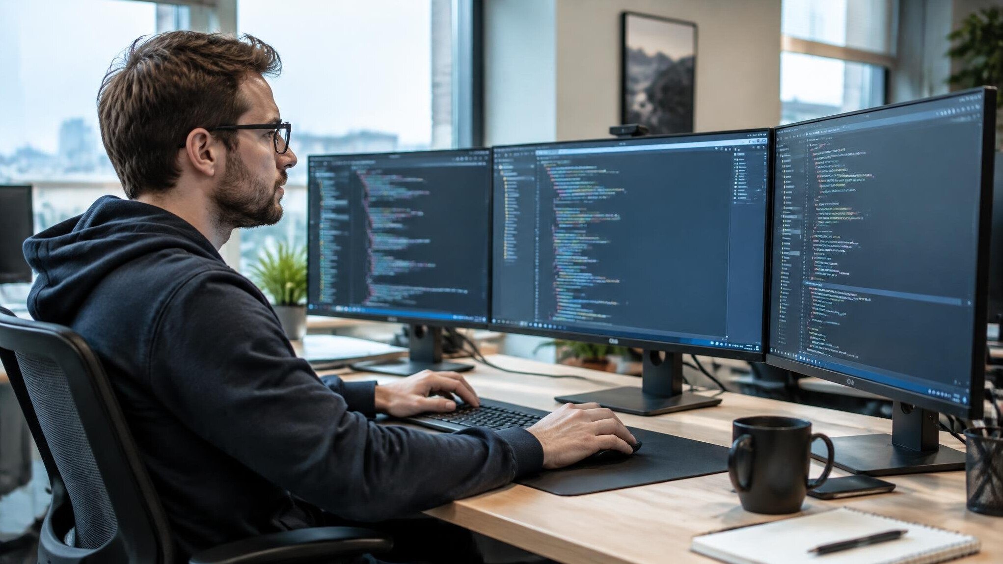 Programmer writing custom software code on multiple monitors