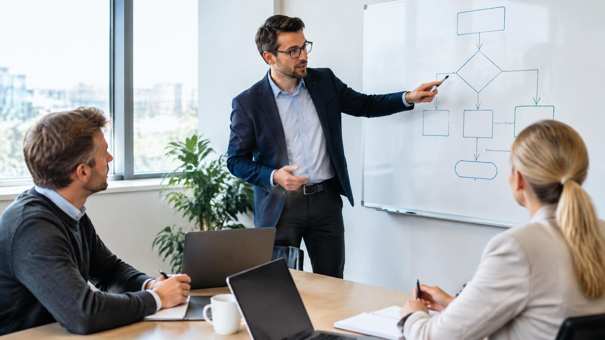 IT consultant presenting a process diagram to colleagues