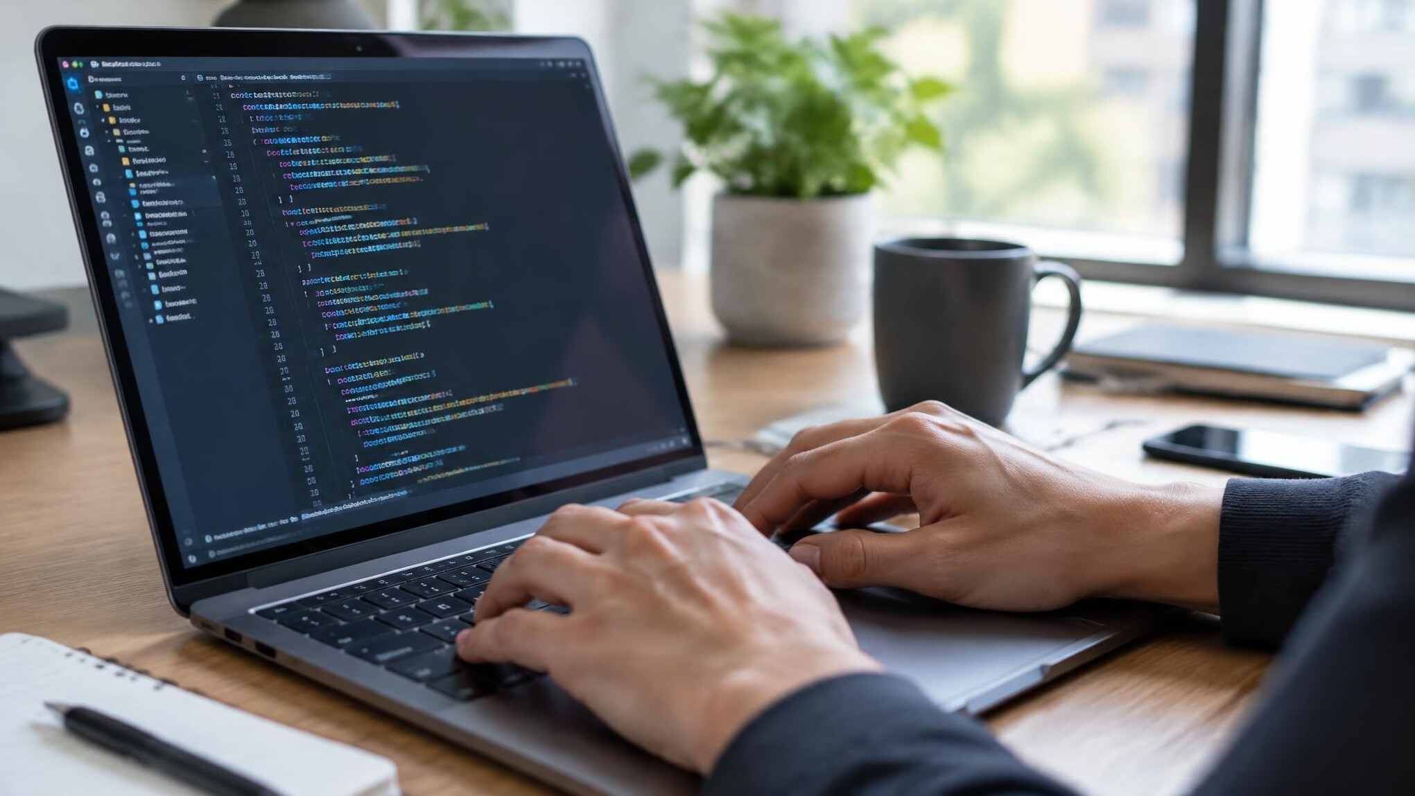 Close up of hands typing code on a laptop keyboard