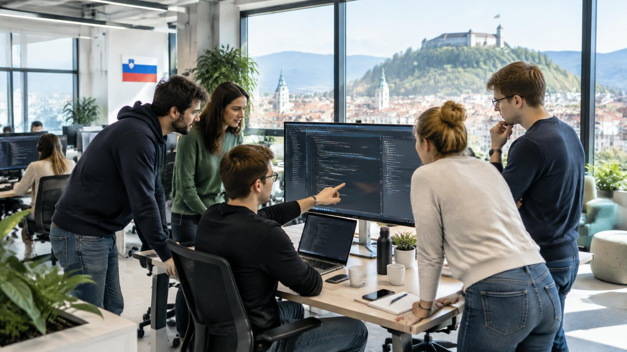 Team of software developers collaborating in a modern office